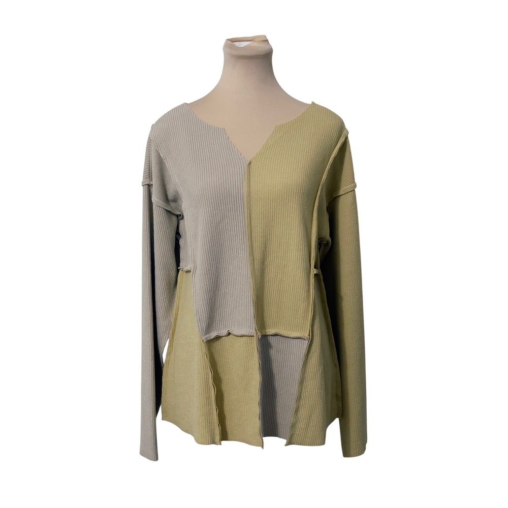 Easel Women Colorblock Ribbed Knit Patchwork Top S Long Sleeve Boho Casual
